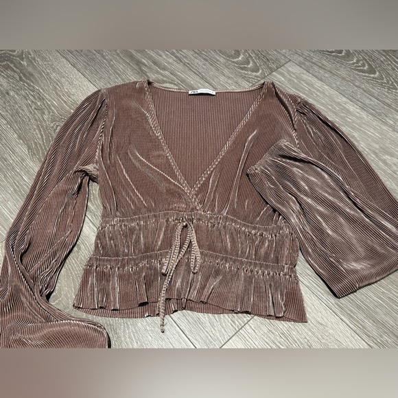 Zara Long Sleeve Bronze Copper Pleated Tie Top Blouse - Picture 1 of 3